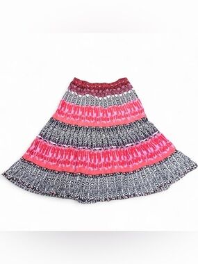 Women's Pink Patterned Boho Pink White Black Tiered Skirt. 100% cotton. Size L